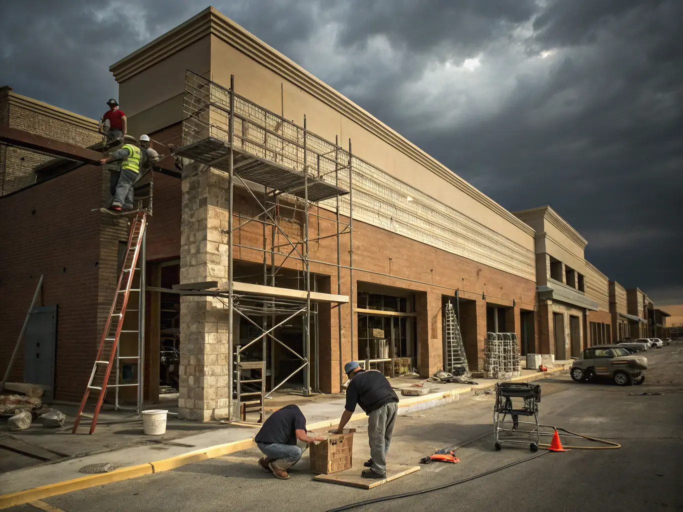 A wide shot of a commercial construction site where bricklayers are constructing a large brick boundary wall, emphasizing the scale and precision of the work.