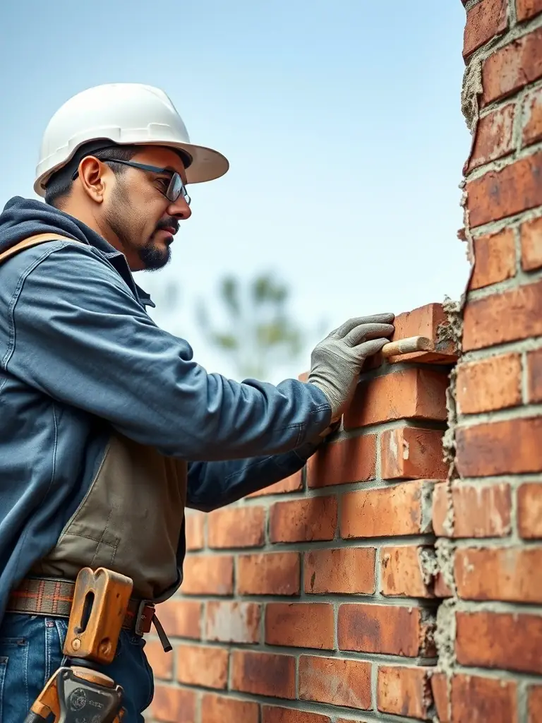 A bricklayer expertly repairing a cracked brick wall, showcasing Melbourne Bricklayers Star's repair services.