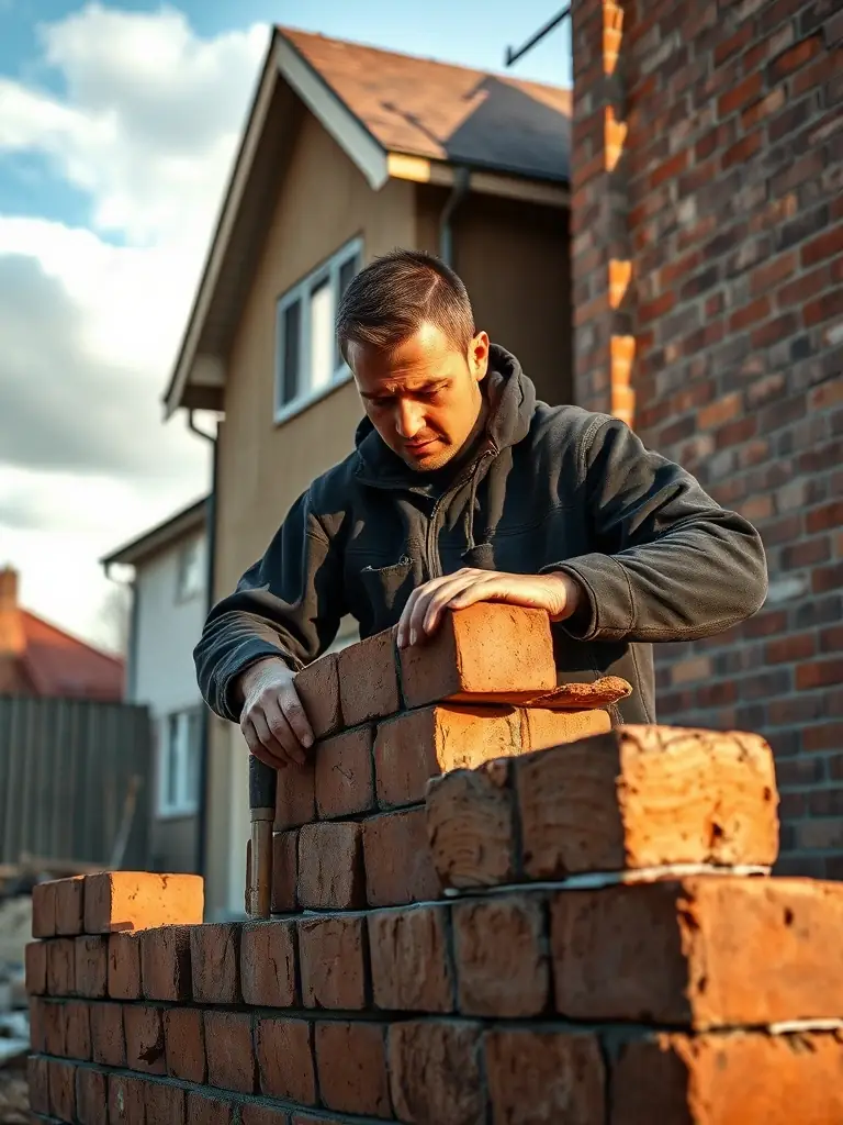 A professional bricklayer carefully laying bricks on a residential construction site, showcasing precision and expertise.